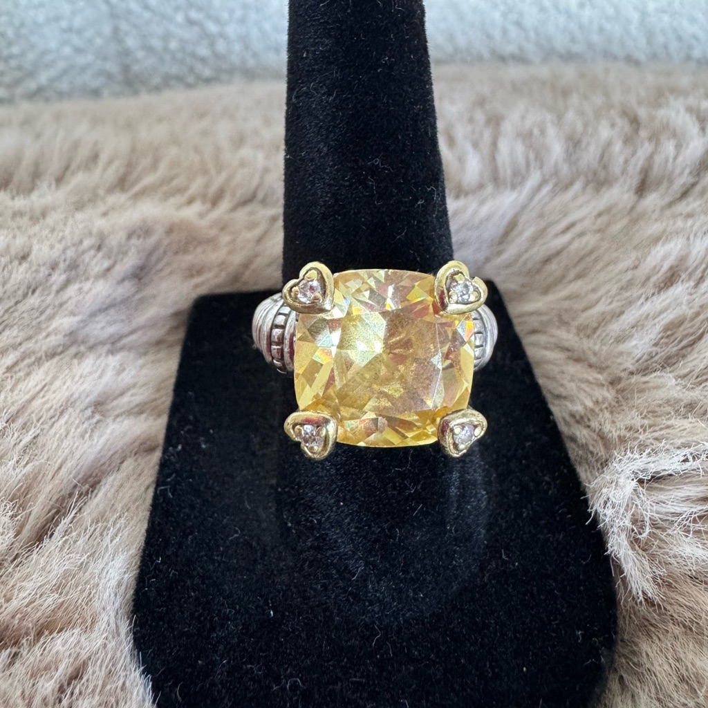 Judith Ripka 18k Gold Sterling Silver Citrine Diamond Ring Size 5.75 Rare!!
